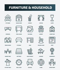 set of 25 special lineal furniture & household icons. outline icons such as pet house, double door, lamps, fish bowl, room divider, rocking chair, mattress, adornment, fauteuil, globe line icons.