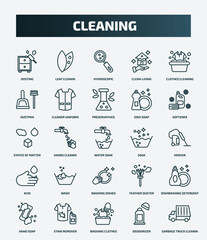 set of 25 special lineal cleaning icons. outline icons such as dusting, leaf cleanin, clothes cleaning, preservatives, states of matter, soak, wash, dishwashing detergent, washing clothes,