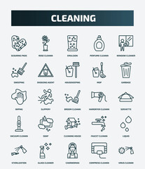 set of 25 special lineal cleaning icons. outline icons such as scouring pads, rose cleanin, window cleaner, housekeeping, wiping, hairdryer cleanin, soap, liquid, charwoman, compress cleanin line