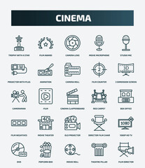 set of 25 special lineal cinema icons. outline icons such as trophy with a star, film award, studio mic, camera roll, cameraman, red carpet, movie theater, 1080p hd tv, movie roll, theatre pillar