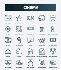 Fototapeta premium set of 25 special lineal cinema icons. outline icons such as 1080p full hd, cinema celebrity, smile mask, home theater, 4k fullhd, theatre seats, author, parental guidance, movie billboard, loud