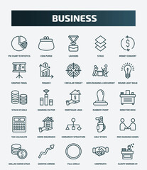 set of 25 special lineal business icons. outline icons such as pie chart statistics, coin purse, money convert, circular target, stack of gold, rubber stamp, home insurance, men shaking hands, full