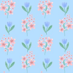 Floral seamless pattern with abstract blue and beige flowers, delicate branches and leaves. Watercolor print isolated on white background for textile or wallpapers.