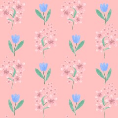 Floral seamless pattern with abstract blue and beige flowers, delicate branches and leaves. Watercolor print isolated on white background for textile or wallpapers.