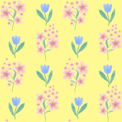 Floral seamless pattern with abstract blue and beige flowers, delicate branches and leaves. Watercolor print isolated on white background for textile or wallpapers.