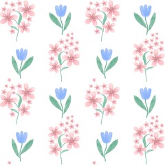 Fototapeta na wymiar Floral seamless pattern with abstract blue and beige flowers, delicate branches and leaves. Watercolor print isolated on white background for textile or wallpapers.