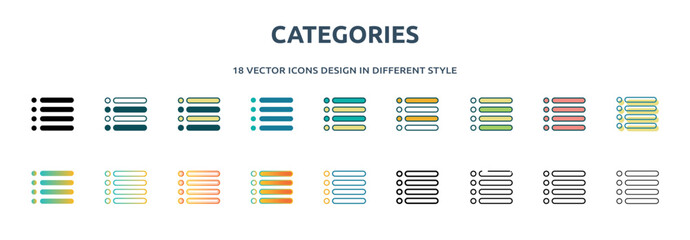 categories icon in 18 different styles such as thin line, thick line, two color, glyph, colorful, lineal color, detailed, stroke and gradient. set of categories vector for web, mobile, ui