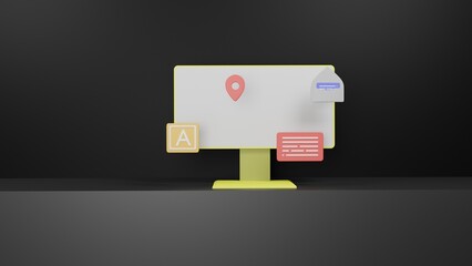 Computer screen with web windows, symbols of digital communication and messages. Minimal . 3D render 