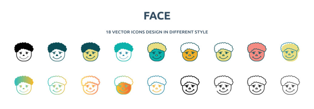 face icon in 18 different styles such as thin line, thick line, two color, glyph, colorful, lineal color, detailed, stroke and gradient. set of face vector for web, mobile, ui
