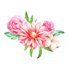 Bouquet with watercolor flowers, asters, peonies, rose, cotton, green leaves