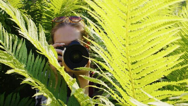 Young woman takes pictures of animals and birds on professional camera. Female photographer, hiding among fern bushes, shooting of wildlife, nature, landscape. Front view. Paparazzi