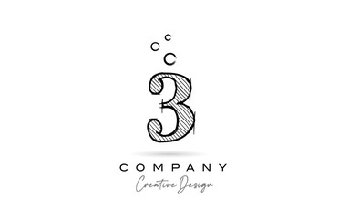 hand drawing number 3 logo icon design for company template. Creative logotype in pencil style