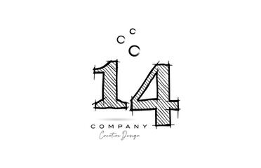 hand drawing number 14 logo icon design for company template. Creative logotype in pencil style