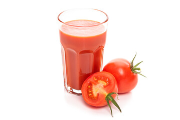 Glass with tomato juice and ripe tomatoes. Isolate on white background