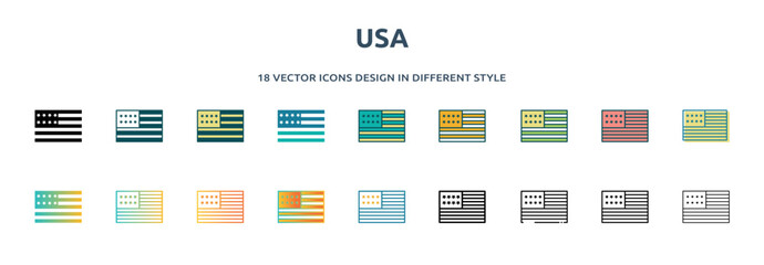 usa icon in 18 different styles such as thin line, thick line, two color, glyph, colorful, lineal color, detailed, stroke and gradient. set of usa vector for web, mobile, ui © IconArt