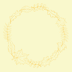 Wreath of autumn leaves. Doodle contour illustration. Round frame. Light brown outline on yellow background