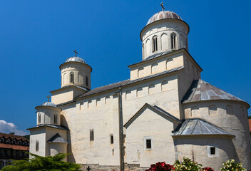 Fototapeta premium Prijepolje, Serbia - July 25th 2022: Church of the Ascension of the Lord in the Mileseva Monastery, side view