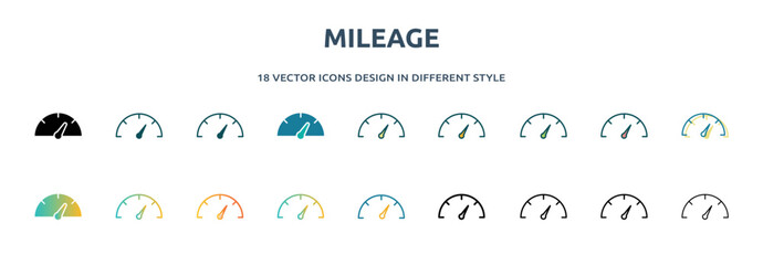 mileage icon in 18 different styles such as thin line, thick line, two color, glyph, colorful, lineal color, detailed, stroke and gradient. set of mileage vector for web, mobile, ui