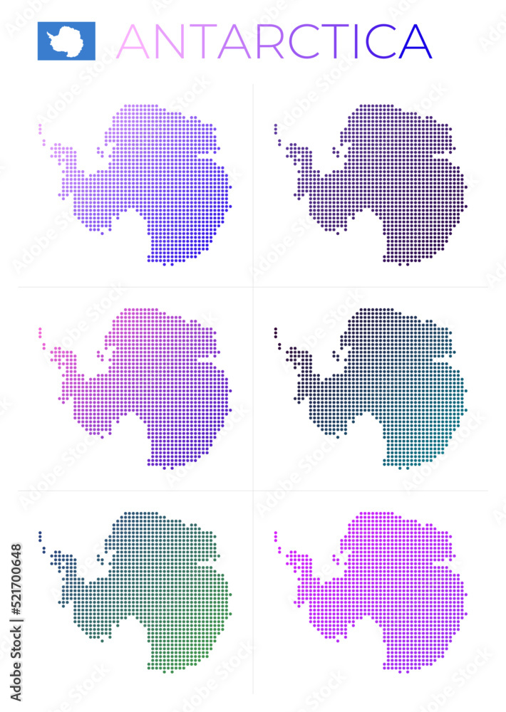 Poster antarctica dotted map set. map of antarctica in dotted style. borders of the country filled with bea