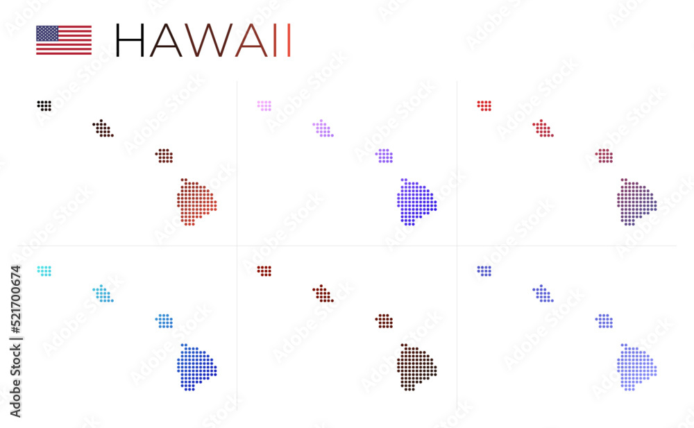 Poster hawaii dotted map set. map of hawaii in dotted style. borders of the us state filled with beautiful 