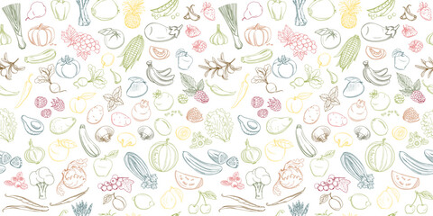 Seamless background pattern of organic farm fresh fruits and vegetables
