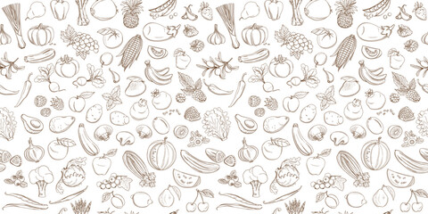 Seamless background pattern of organic farm fresh fruits and vegetables - obrazy, fototapety, plakaty