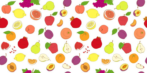 Outline hand drawn seamless colorfull fruit pattern (flat style, thin line).Peach, pear, plum, orange, lemon, grapefruit, grape, pomegranate, apple