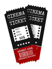 Fototapeta na wymiar Two cinema vector tickets isolated on white background. Realistic front view illustration.