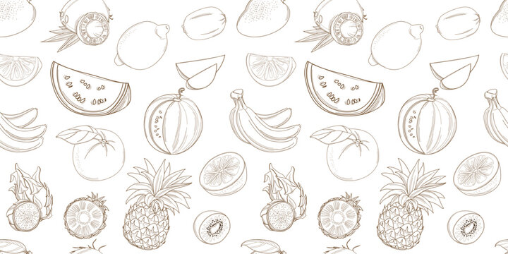Outline hand drawn seamless colorfull fruit pattern (flat style, thin line). Mango, coconut, lemon, kiwi, orange, watermelon, banana, dragonfruit, pineapple.