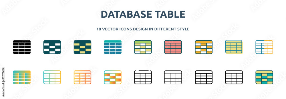 Poster database table icon in 18 different styles such as thin line, thick line, two color, glyph, colorful