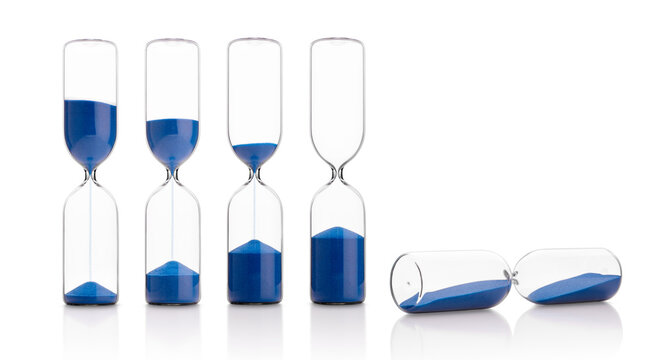 Set of hourglasses with blue sand on white background