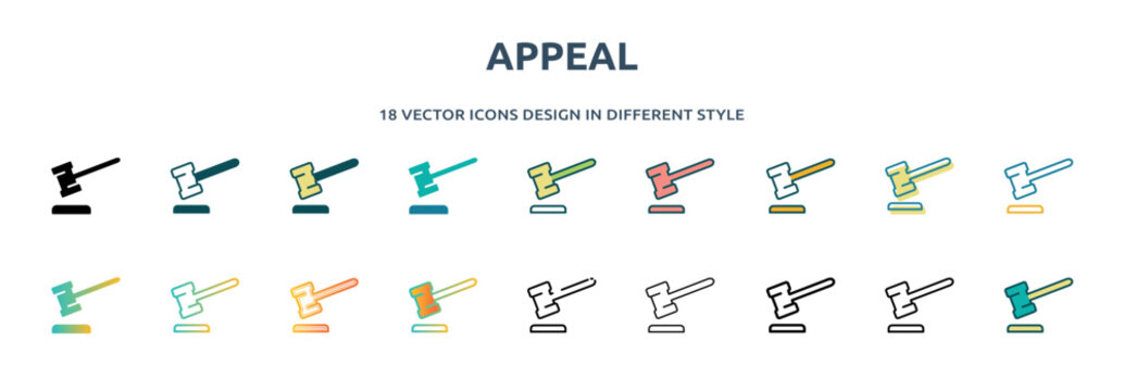 appeal icon in 18 different styles such as thin line, thick line, two color, glyph, colorful, lineal color, detailed, stroke and gradient. set of appeal vector for web, mobile, ui