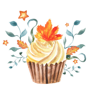 Watercolor Pumpkin Spice Cupcake With Cinnamon, Hand Drawn Set With Floral Elements. Fall Season Food Illustration