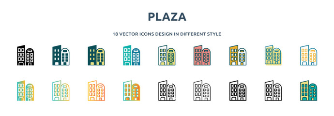 plaza icon in 18 different styles such as thin line, thick line, two color, glyph, colorful, lineal color, detailed, stroke and gradient. set of plaza vector for web, mobile, ui © IconArt