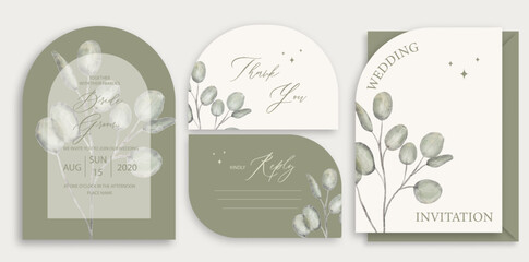 Modern wedding invitation, green wedding invitation template, arch shape with watercolor eucalyptus leaf and handmade calligraphy © ku4erashka