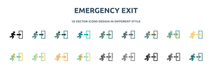 emergency exit icon in 18 different styles such as thin line, thick line, two color, glyph, colorful, lineal color, detailed, stroke and gradient. set of emergency exit vector for web, mobile, ui - obrazy, fototapety, plakaty
