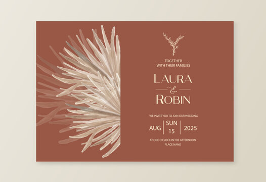 Wedding dried lunaria, pampas grass floral vector card. Watercolor Exotic dried flowers, palm leaves boho invitation template. Save the Date foliage cover, modern poster, trendy design