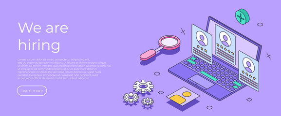 We are hiring online recruitment agency landing page. Choose employee human resources with laptop banner. Career opportunity HR business promo vacancy candidate. Isometric vector illustration