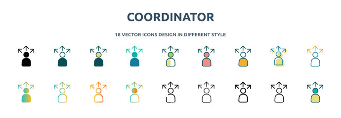 coordinator icon in 18 different styles such as thin line, thick line, two color, glyph, colorful, lineal color, detailed, stroke and gradient. set of coordinator vector for web, mobile, ui