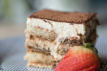close up on slice of Italian tiramisu 