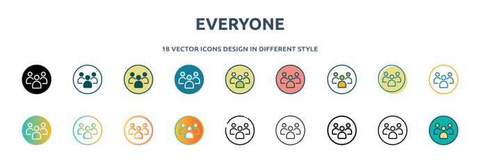 everyone icon in 18 different styles such as thin line, thick line, two color, glyph, colorful, lineal color, detailed, stroke and gradient. set of everyone vector for web, mobile, ui