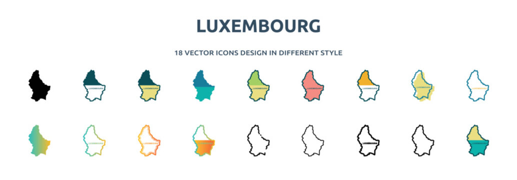 luxembourg icon in 18 different styles such as thin line, thick line, two color, glyph, colorful, lineal color, detailed, stroke and gradient. set of luxembourg vector for web, mobile, ui