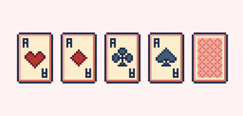Poker cards pixel art set. Ace clubs, diamonds, hearts, crosses collection. 8 bit sprite. Game development, mobile app.  Isolated vector illustration.