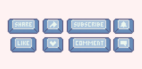 Social media banner pixel art set. Like, subscribe, comment, share buttons collection. 8 bit sprite. Game development, mobile app.  Isolated vector illustration.