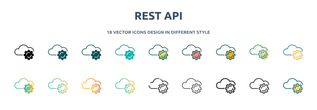 rest api icon in 18 different styles such as thin line, thick line, two color, glyph, colorful, lineal color, detailed, stroke and gradient. set of rest api vector for web, mobile, ui