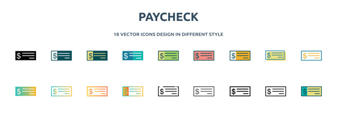paycheck icon in 18 different styles such as thin line, thick line, two color, glyph, colorful, lineal color, detailed, stroke and gradient. set of paycheck vector for web, mobile, ui