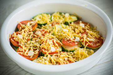raw zucchini and tomatoes sliced with cheese, prepared for baking
