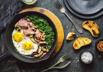 Egg skillet with bacon, mushroom and spinach served with crusted bread and spices on dark background. Top view with close up.