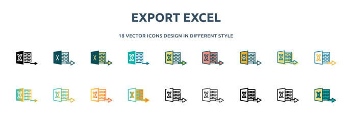 export excel icon in 18 different styles such as thin line, thick line, two color, glyph, colorful, lineal color, detailed, stroke and gradient. set of export excel vector for web, mobile, ui