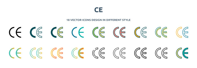 ce icon in 18 different styles such as thin line, thick line, two color, glyph, colorful, lineal color, detailed, stroke and gradient. set of ce vector for web, mobile, ui